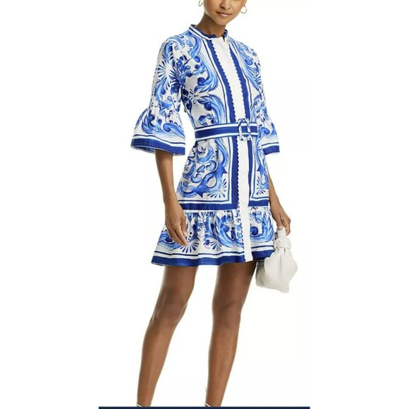 FARM Rio Garden Tiles Bell Sleeve Mini Dress Blue White Sz Large New - Picture 5 of 11